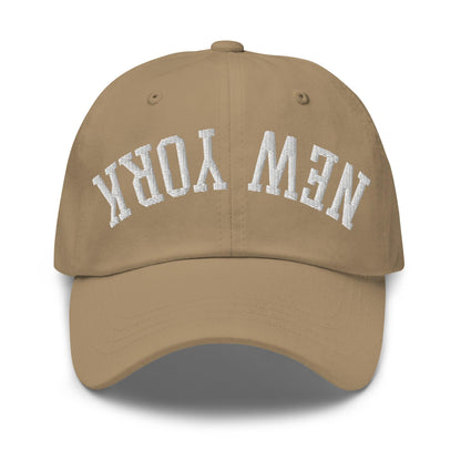 Upside Down New York Varsity Letterman Embroidered Dad Hat - Khaki