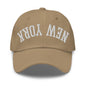 Upside Down New York Varsity Letterman Embroidered Dad Hat - Khaki