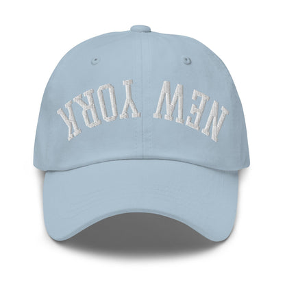 Upside Down New York Varsity Letterman Embroidered Dad Hat - Light Blue