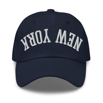 Upside Down New York Varsity Letterman Embroidered Dad Hat - Navy