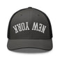 Upside Down New York Varsity Letterman Embroidered Mesh Trucker Hat - Charcoal/ Black