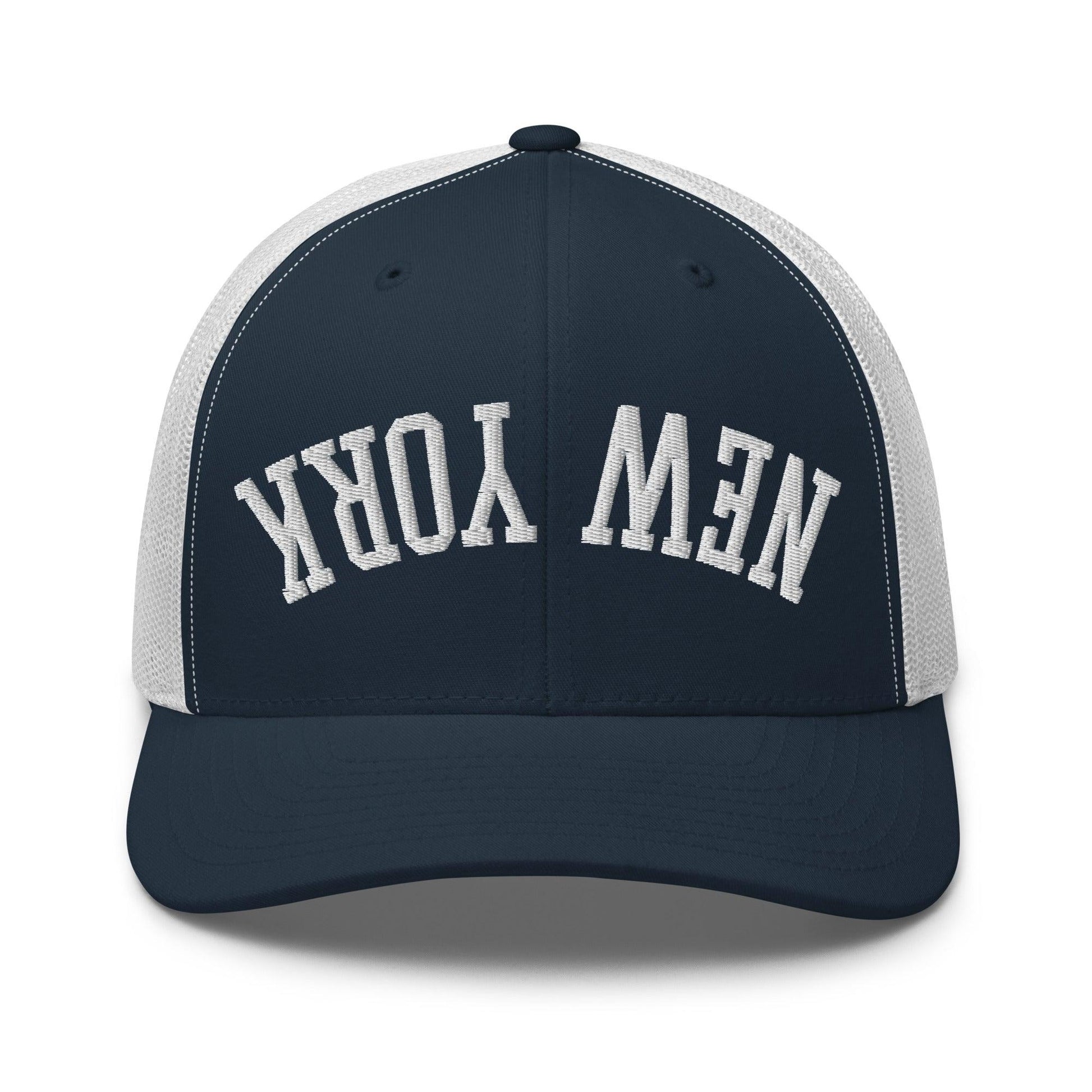 Upside Down New York Varsity Letterman Embroidered Mesh Trucker Hat - Navy/ White