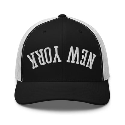 Upside Down New York Varsity Letterman Embroidered Mesh Trucker Hat - Black/ White