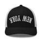 Upside Down New York Varsity Letterman Embroidered Mesh Trucker Hat - Black/ White