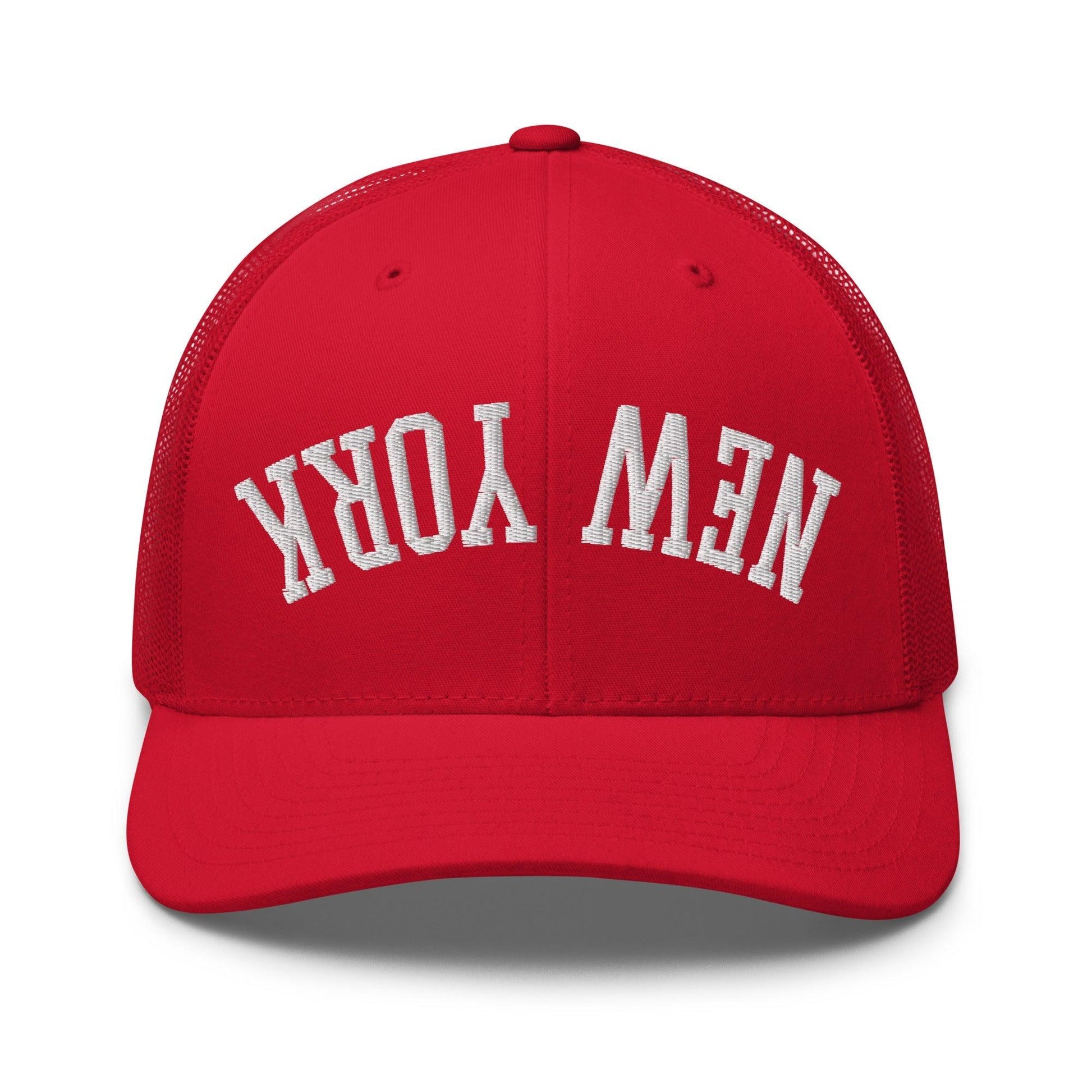 Upside Down New York Varsity Letterman Embroidered Mesh Trucker Hat - Red
