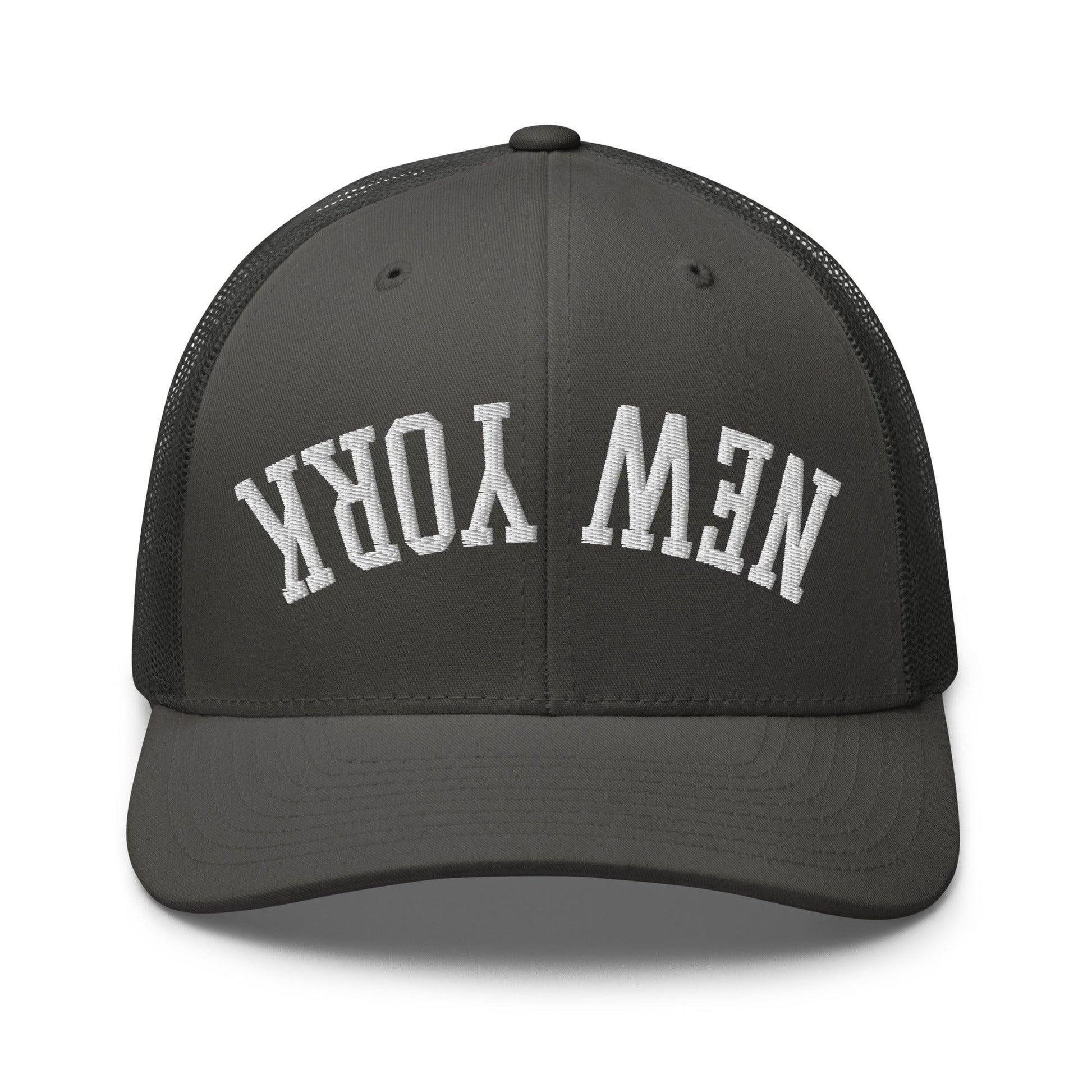 Upside Down New York Varsity Letterman Embroidered Mesh Trucker Hat - Charcoal