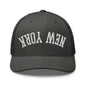 Upside Down New York Varsity Letterman Embroidered Mesh Trucker Hat - Charcoal