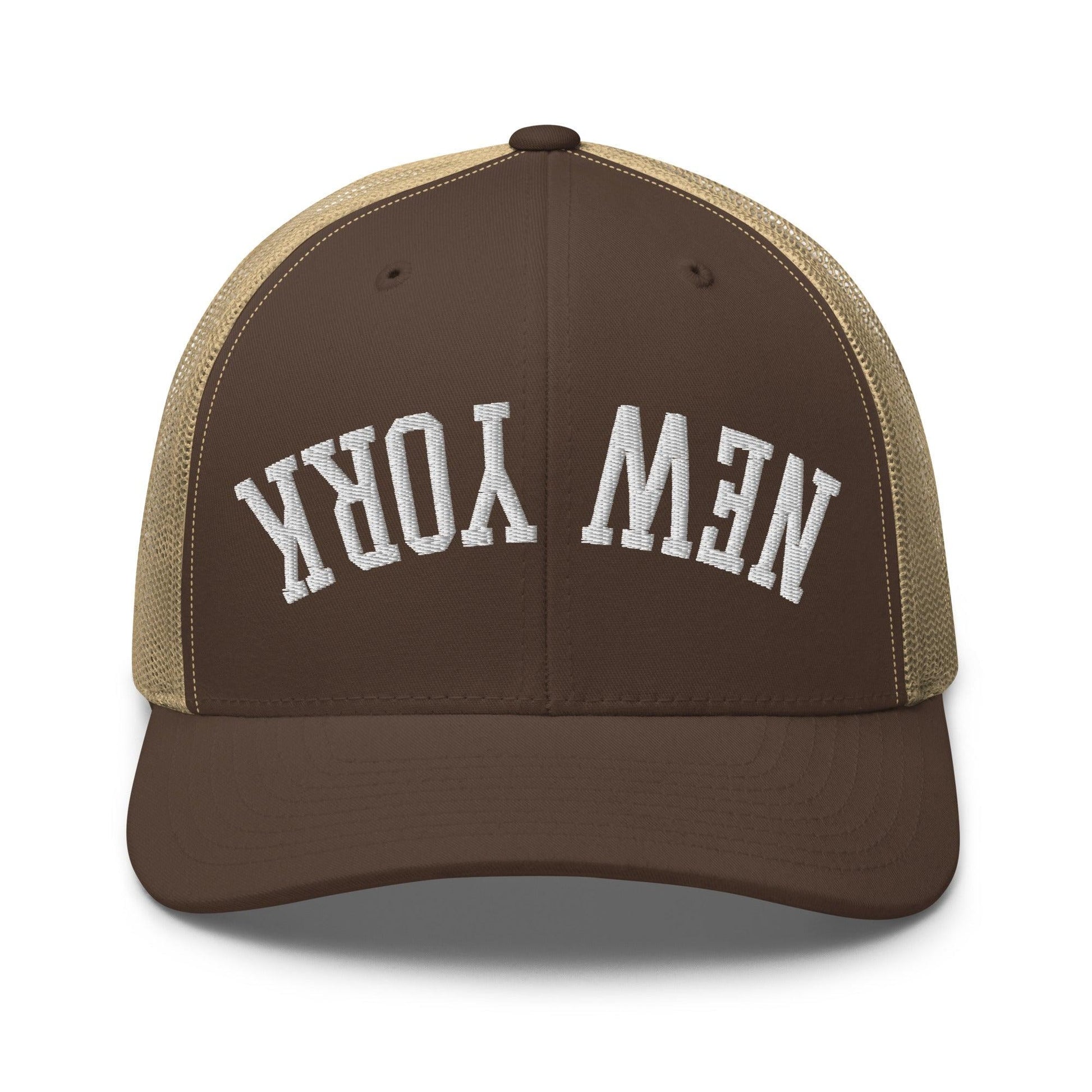 Upside Down New York Varsity Letterman Embroidered Mesh Trucker Hat - Brown/ Khaki