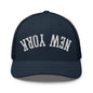 Upside Down New York Varsity Letterman Embroidered Mesh Trucker Hat - Navy