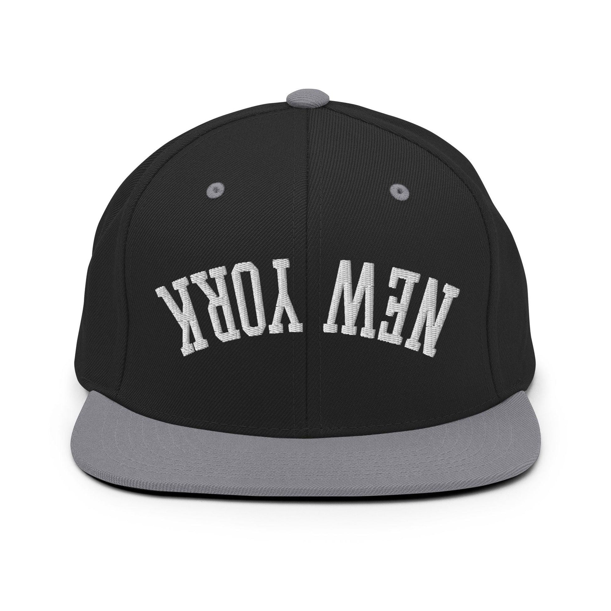 Upside Down New York Varsity Letterman Flat Bill Brim Snapback Hat - Black/ Silver