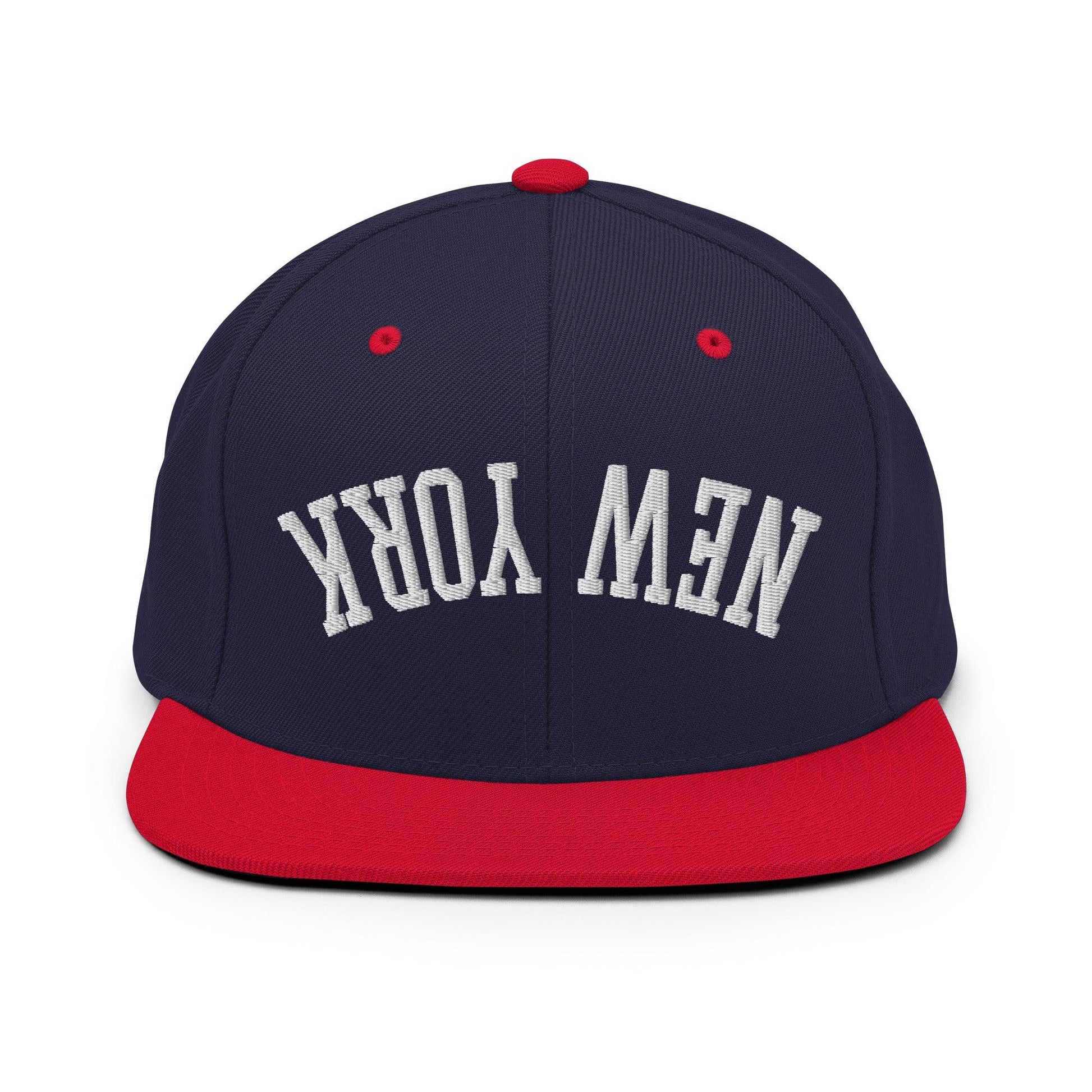 Upside Down New York Varsity Letterman Flat Bill Brim Snapback Hat - Navy/ Red