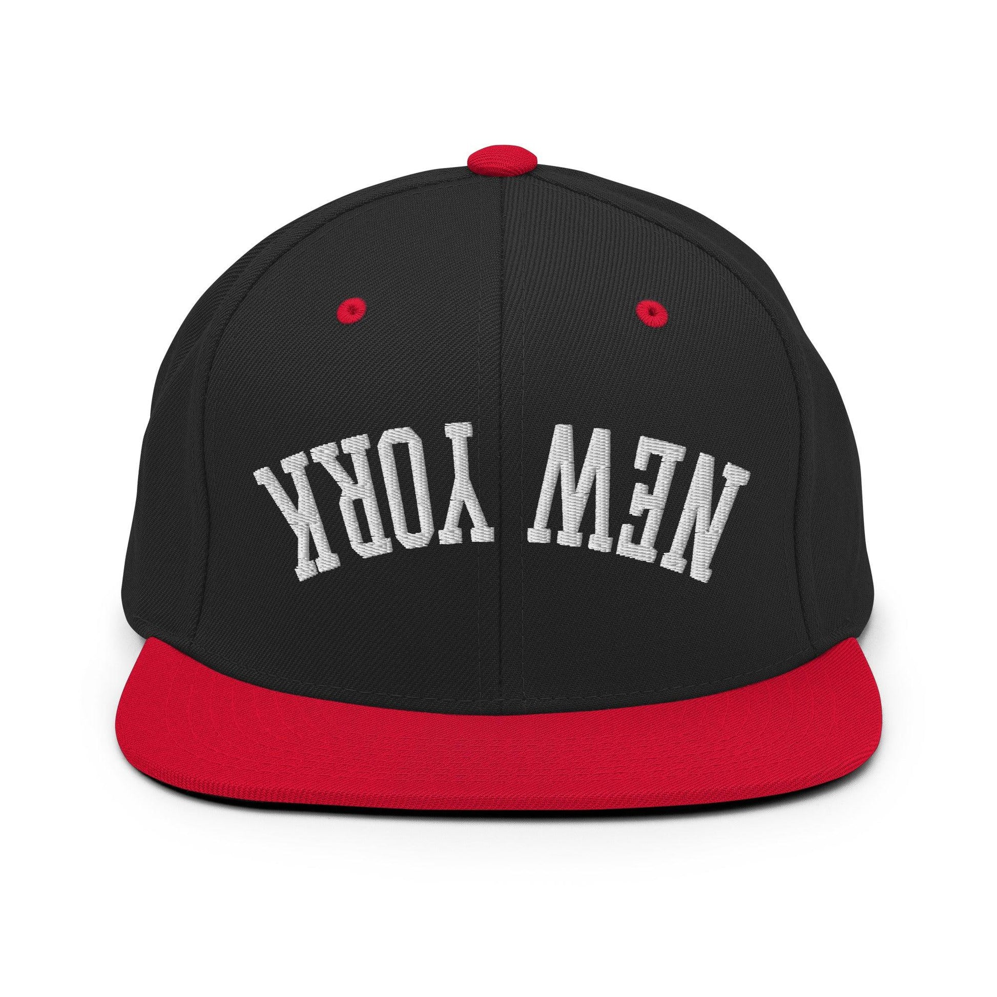 Upside Down New York Varsity Letterman Flat Bill Brim Snapback Hat - Black/ Red