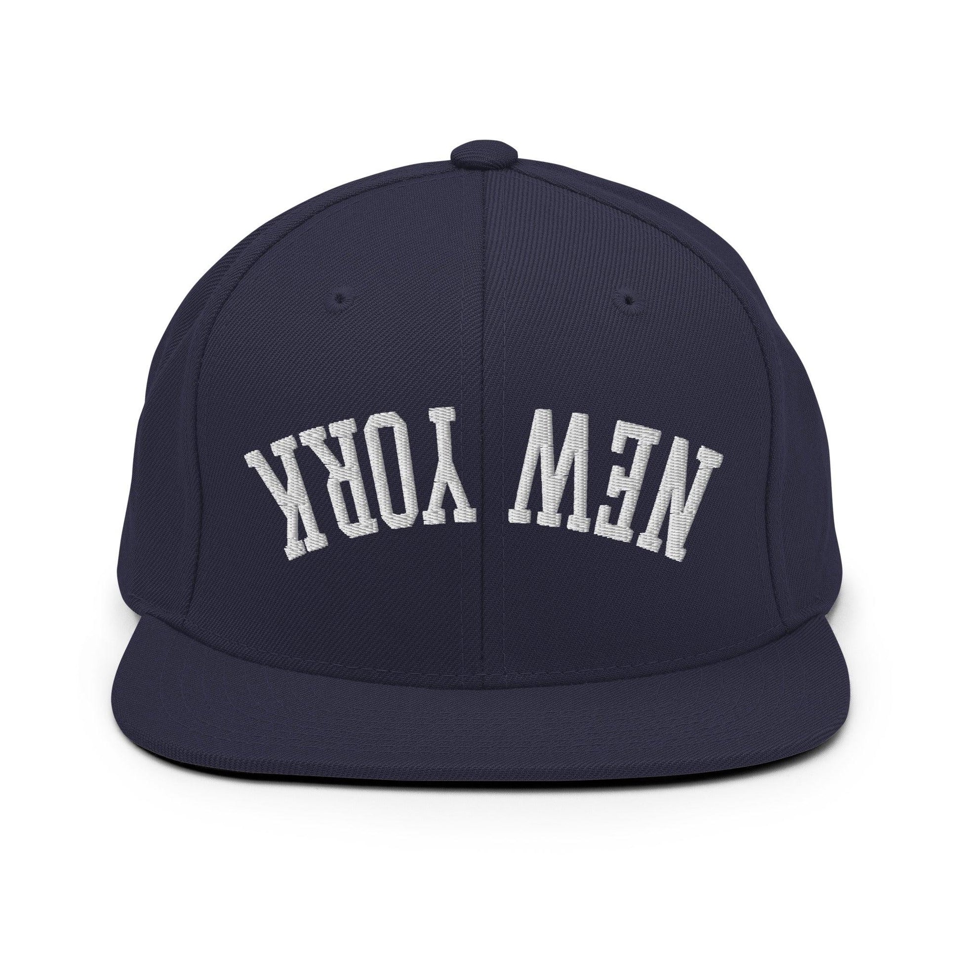 Upside Down New York Varsity Letterman Flat Bill Brim Snapback Hat - Navy