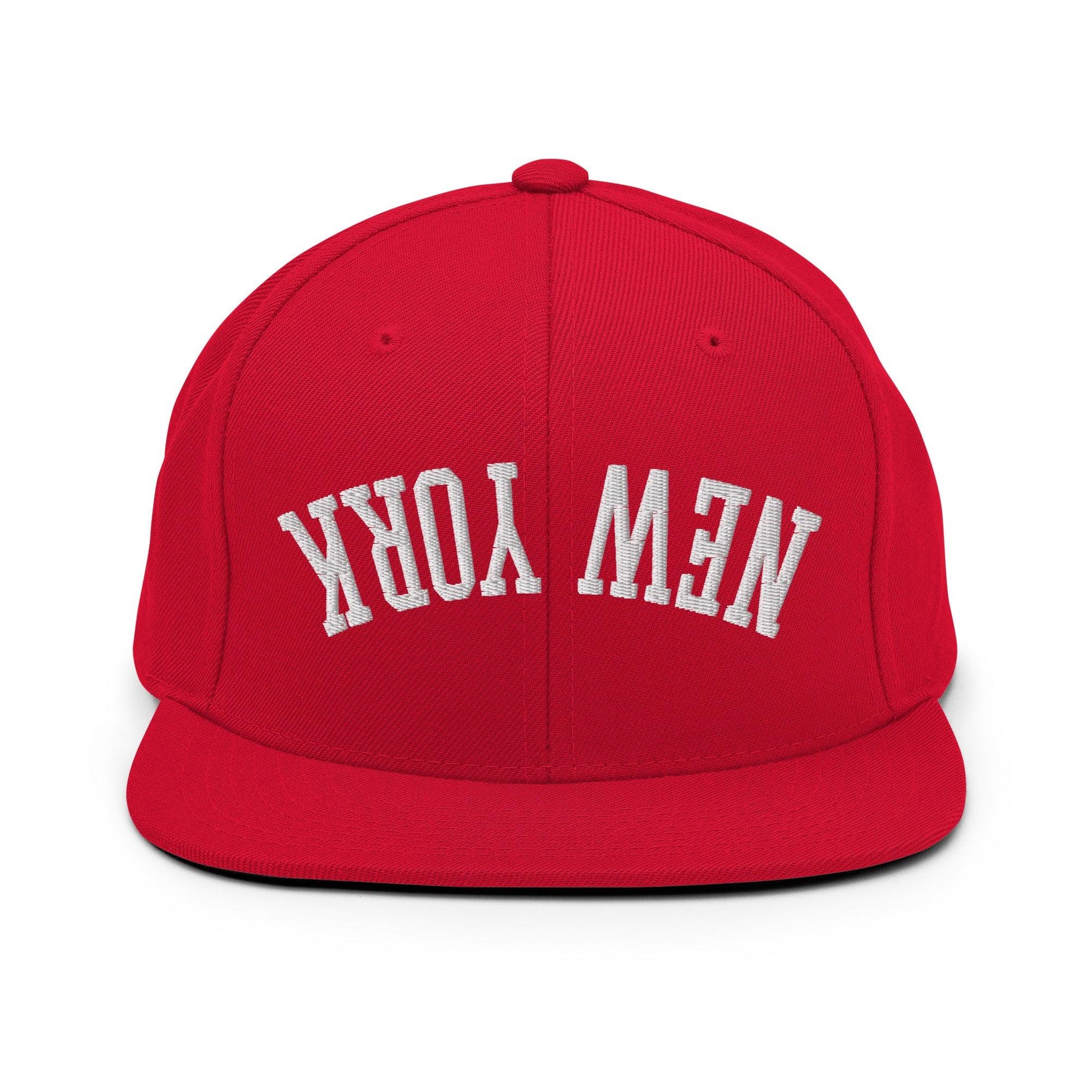 Upside Down New York Varsity Letterman Flat Bill Brim Snapback Hat - Red