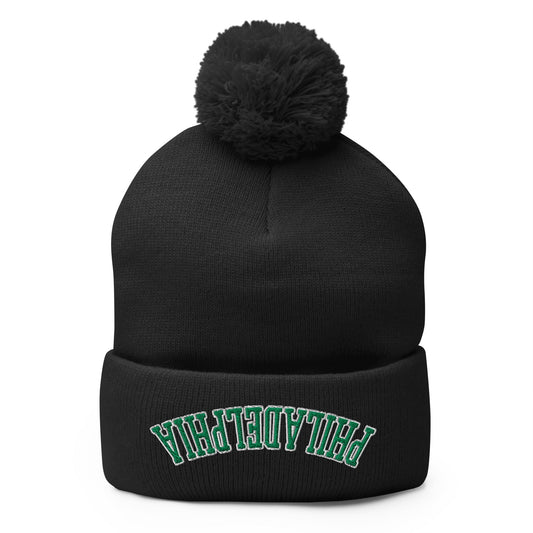 Upside Down Philadelphia Football Embroidered Pom Pom Knit Beanie - Toronto Screen Printing