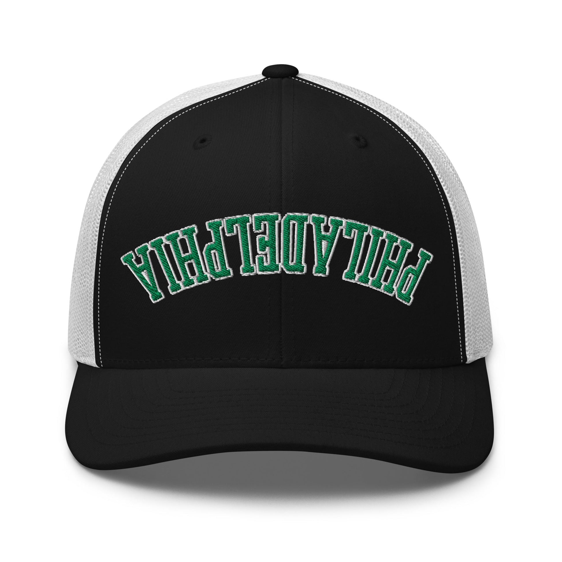 Upside Down Philadelphia Football Embroidered Retro Mesh Trucker Hat - Black/ White