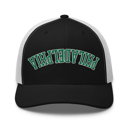Upside Down Philadelphia Football Embroidered Retro Mesh Trucker Hat - Black/ White