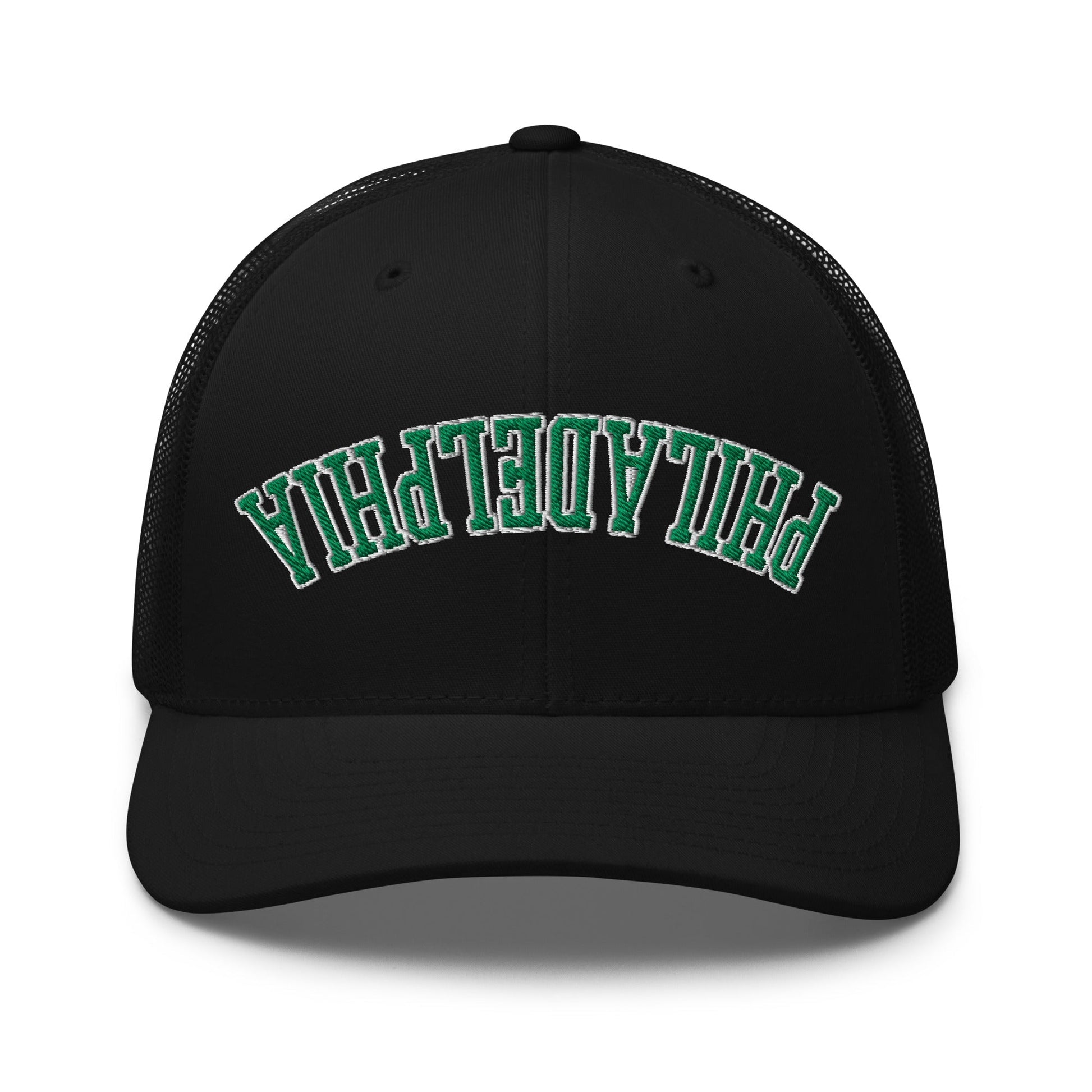 Upside Down Philadelphia Football Embroidered Retro Mesh Trucker Hat - Black