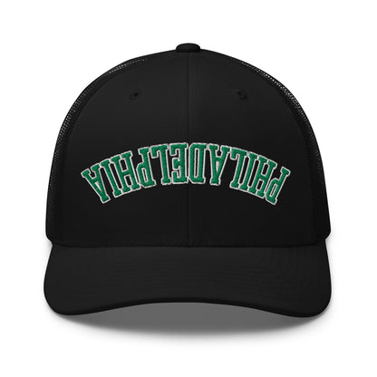 Upside Down Philadelphia Football Embroidered Retro Mesh Trucker Hat - Black