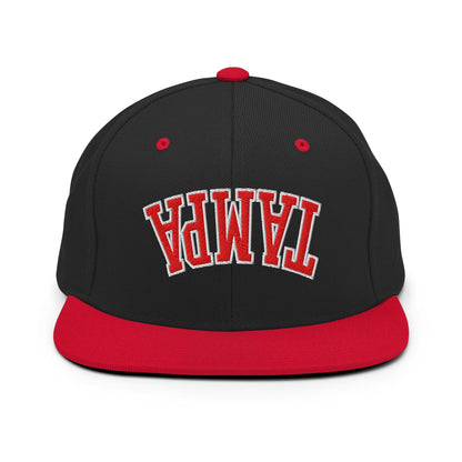 Upside Down Tampa Football Embroidered Flat Bill Brim Snapback Hat - Black/ Red