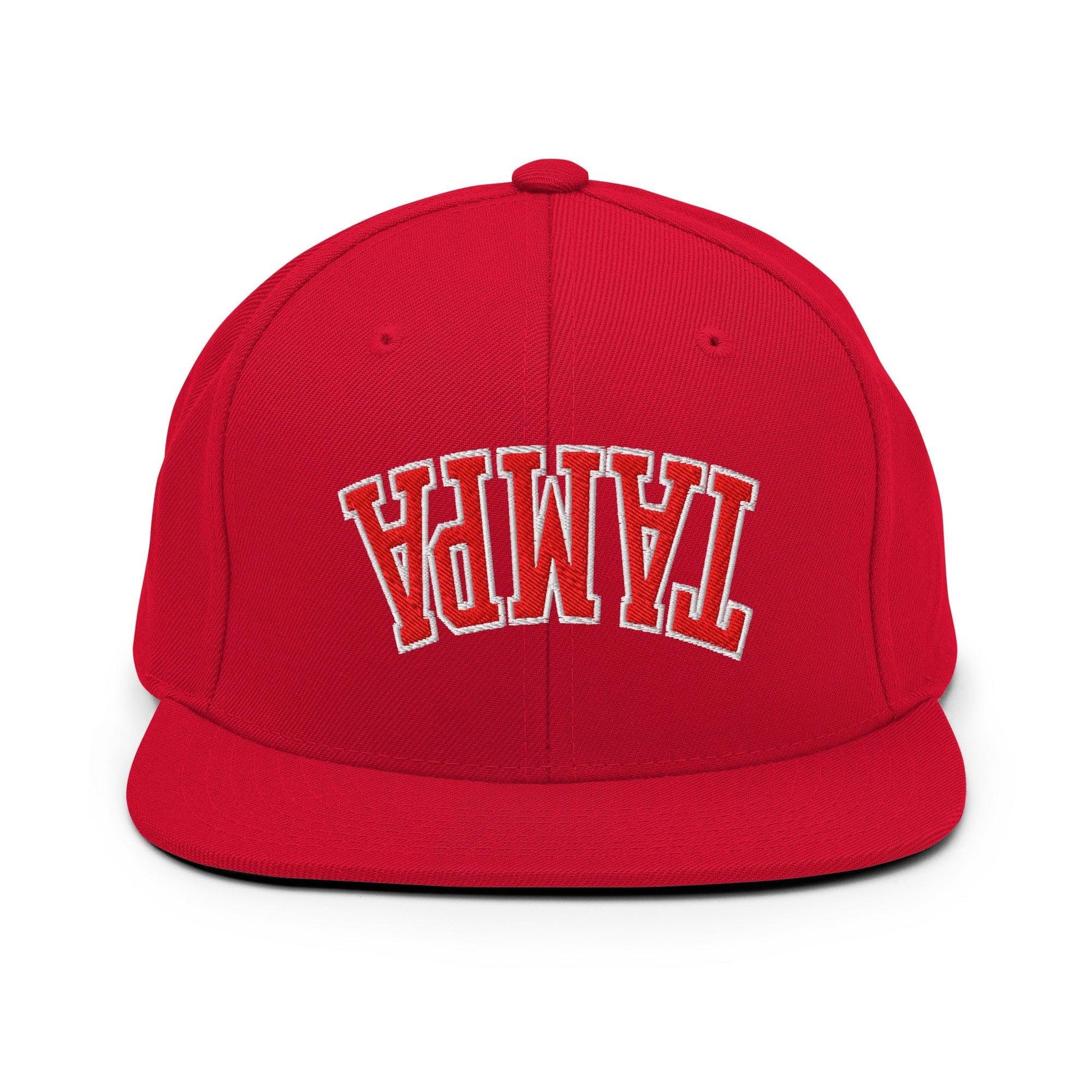 Upside Down Tampa Football Embroidered Flat Bill Brim Snapback Hat - Red