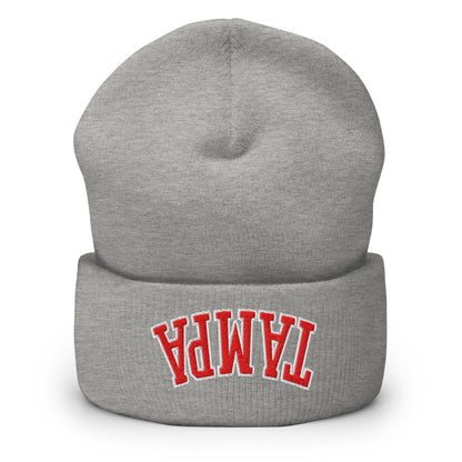 Upside Down Tampa Football Embroidered Knit Cuffed Beanie - Heather Grey
