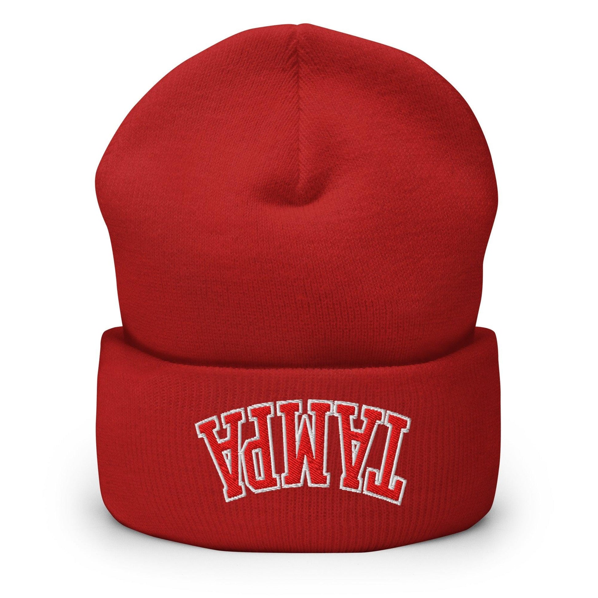 Upside Down Tampa Football Embroidered Knit Cuffed Beanie - Red