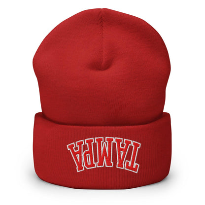 Upside Down Tampa Football Embroidered Knit Cuffed Beanie - Red