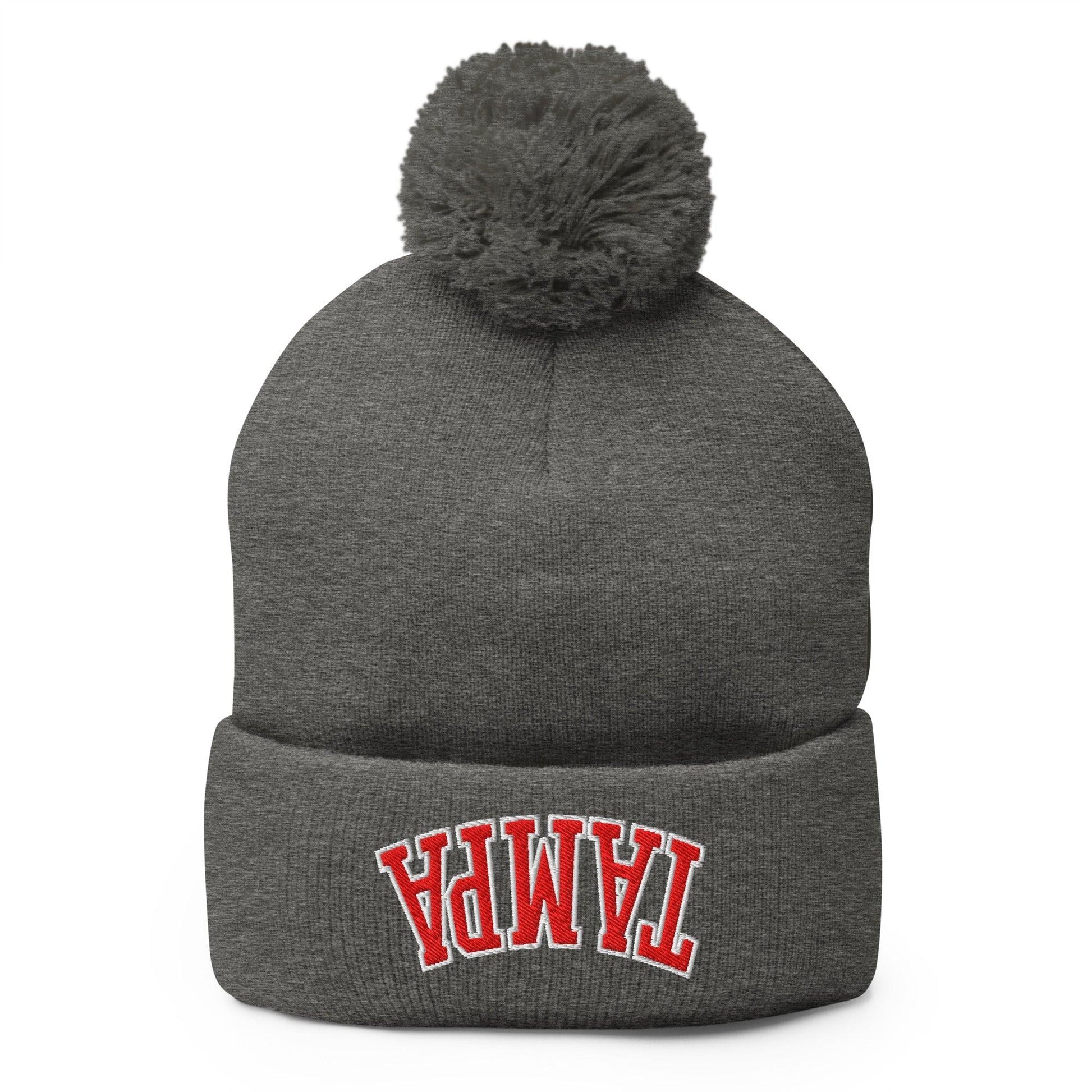 Upside Down Tampa Football Embroidered Knit Pom Beanie - Dark Heather Grey