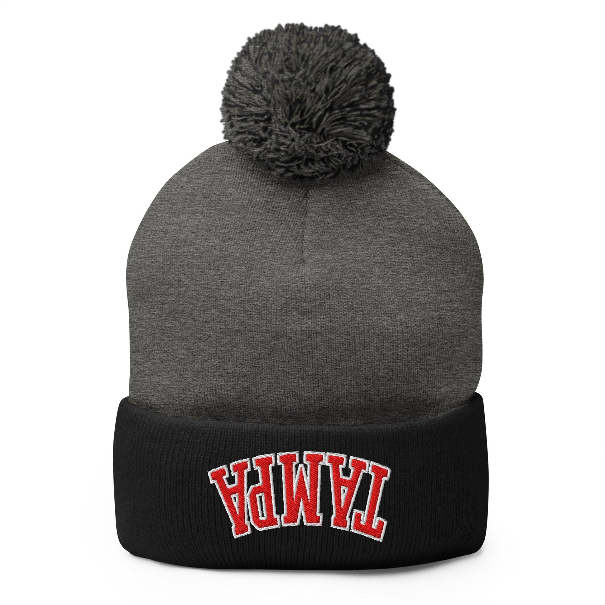 Upside Down Tampa Football Embroidered Knit Pom Beanie - Dark Heather Grey/ Black