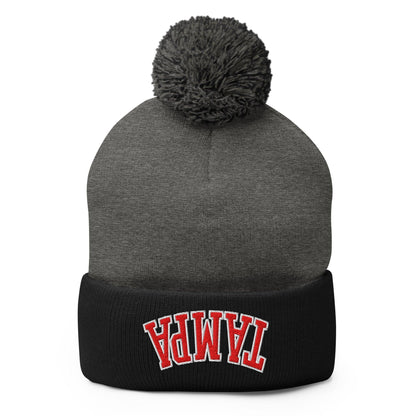 Upside Down Tampa Football Embroidered Knit Pom Beanie - Dark Heather Grey/ Black