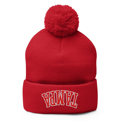 Upside Down Tampa Football Embroidered Knit Pom Beanie - Red