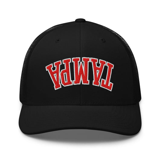 Upside Down Tampa Football Embroidered Mesh Trucker Hat - Black