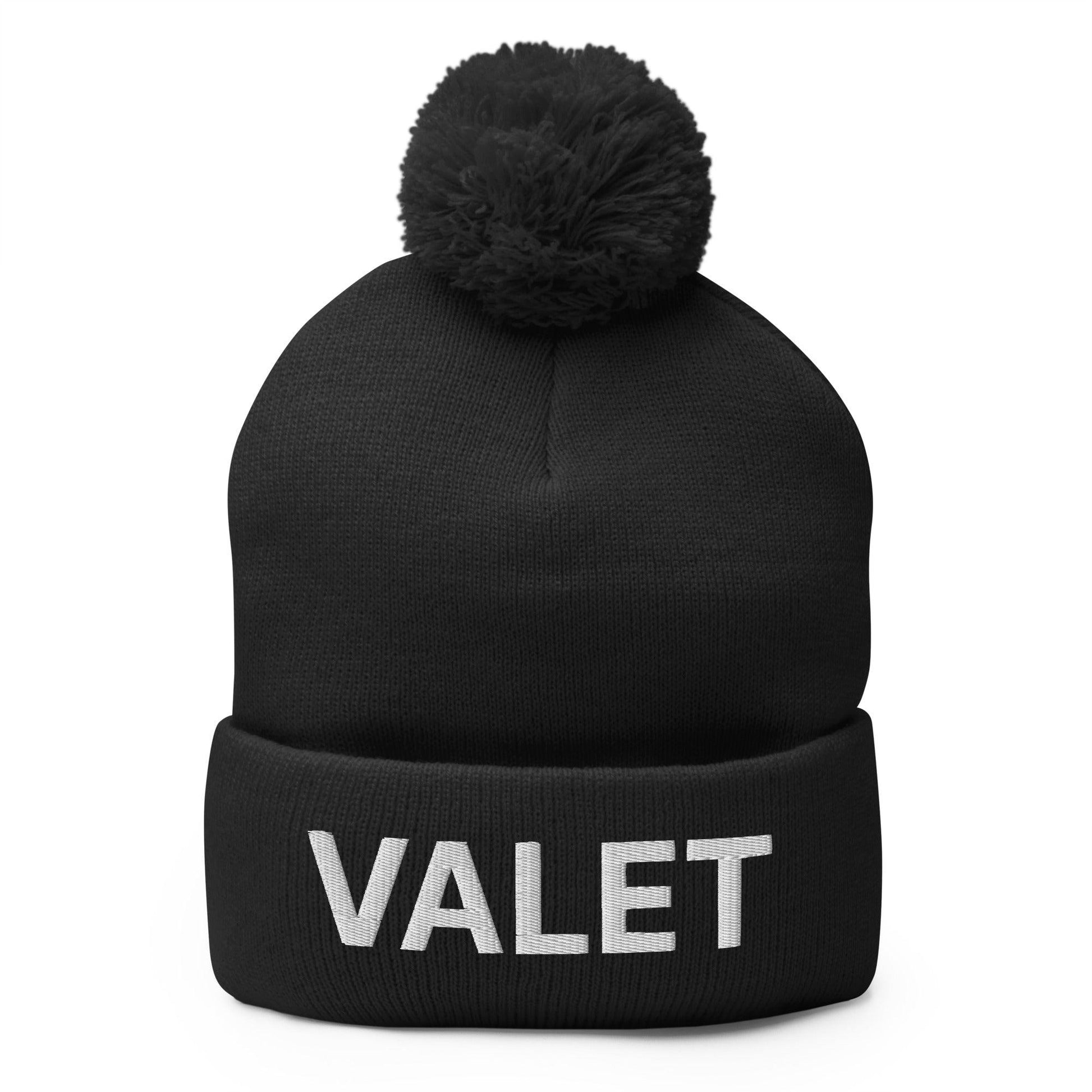 Black knit beanie with pompom from Valet Uniform Embroidered Knit Pom Pom Beanie