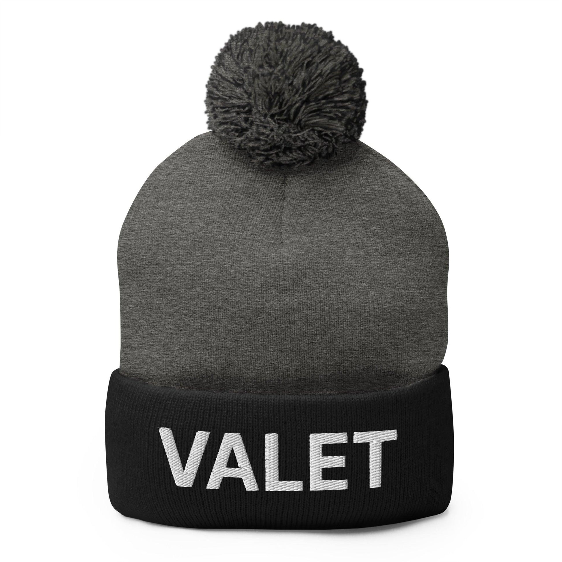 Gray and black knit pom pom beanie featuring embroidered knit pom for Valet Uniform Embroidered style