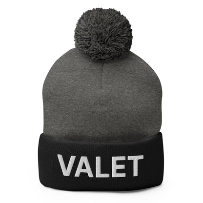 Gray and black knit pom pom beanie featuring embroidered knit pom for Valet Uniform Embroidered style