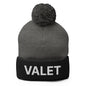 Gray and black knit pom pom beanie featuring embroidered knit pom for Valet Uniform Embroidered style