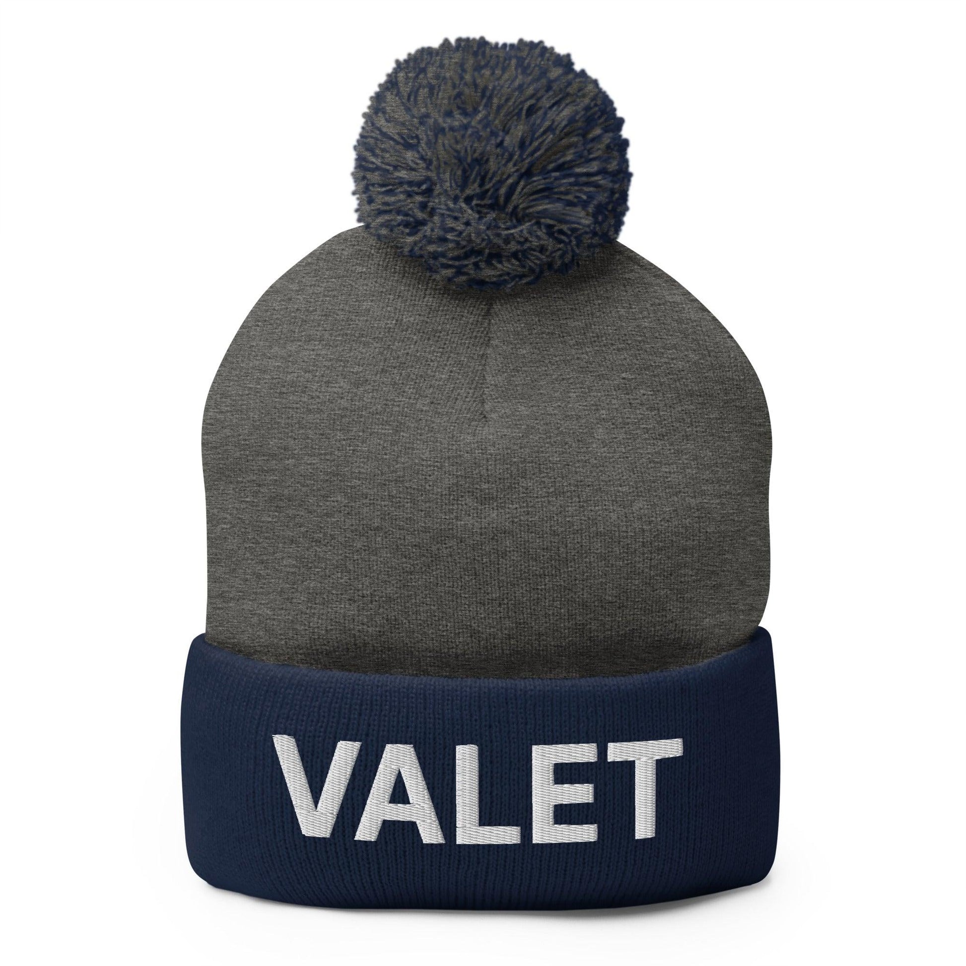 Gray and navy blue valet uniform embroidered knit pom pom beanie with embroidered knit pom