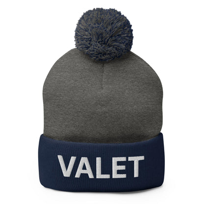 Gray and navy blue valet uniform embroidered knit pom pom beanie with embroidered knit pom