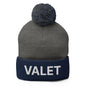 Gray and navy blue valet uniform embroidered knit pom pom beanie with embroidered knit pom