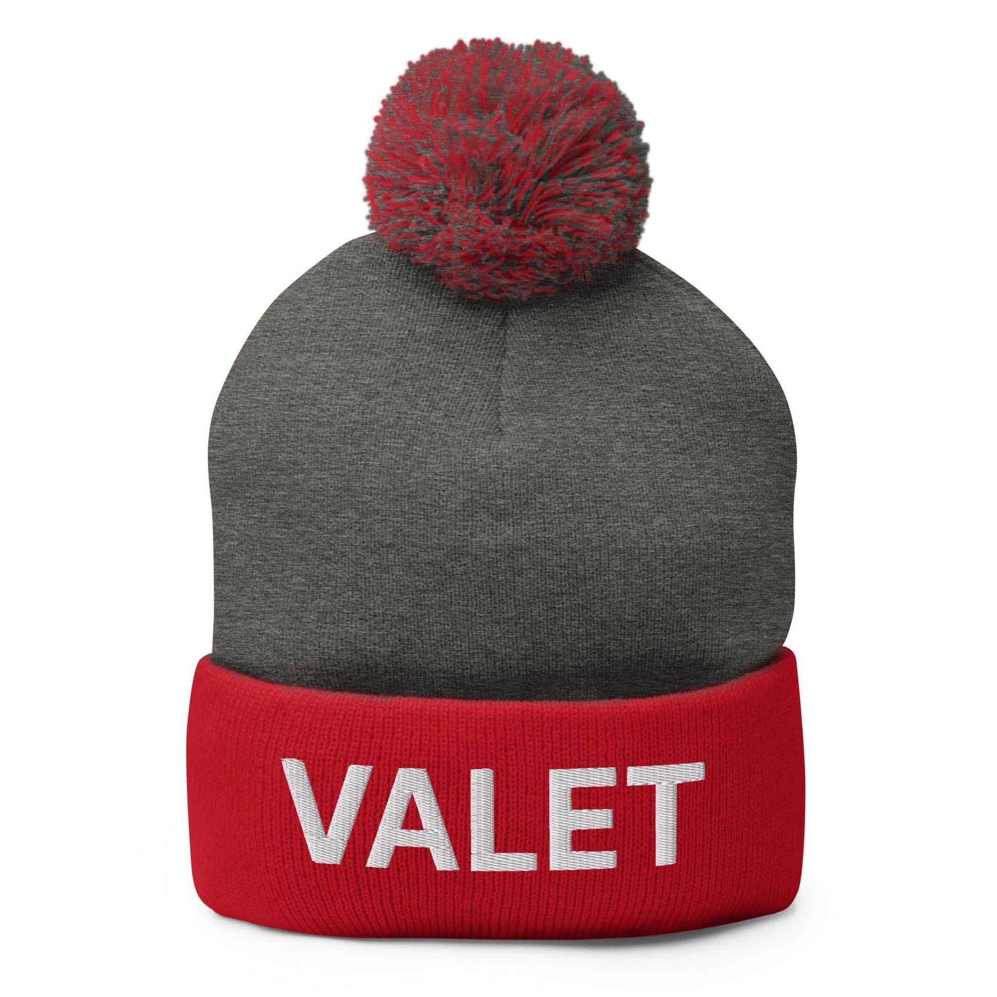 Gray and red knit pom pom beanie with embroidered Valet Uniform design