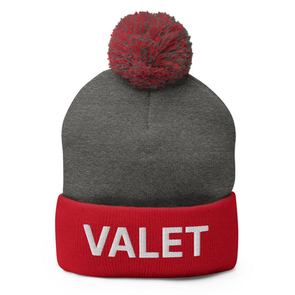 Gray and red knit pom pom beanie with embroidered Valet Uniform design