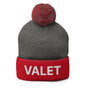 Gray and red knit pom pom beanie with embroidered Valet Uniform design