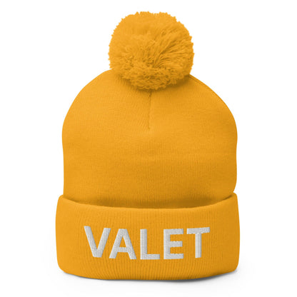 Yellow knit pom pom beanie featuring embroidered knit pom for Valet Uniform Embroidered style