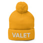 Yellow knit pom pom beanie featuring embroidered knit pom for Valet Uniform Embroidered style