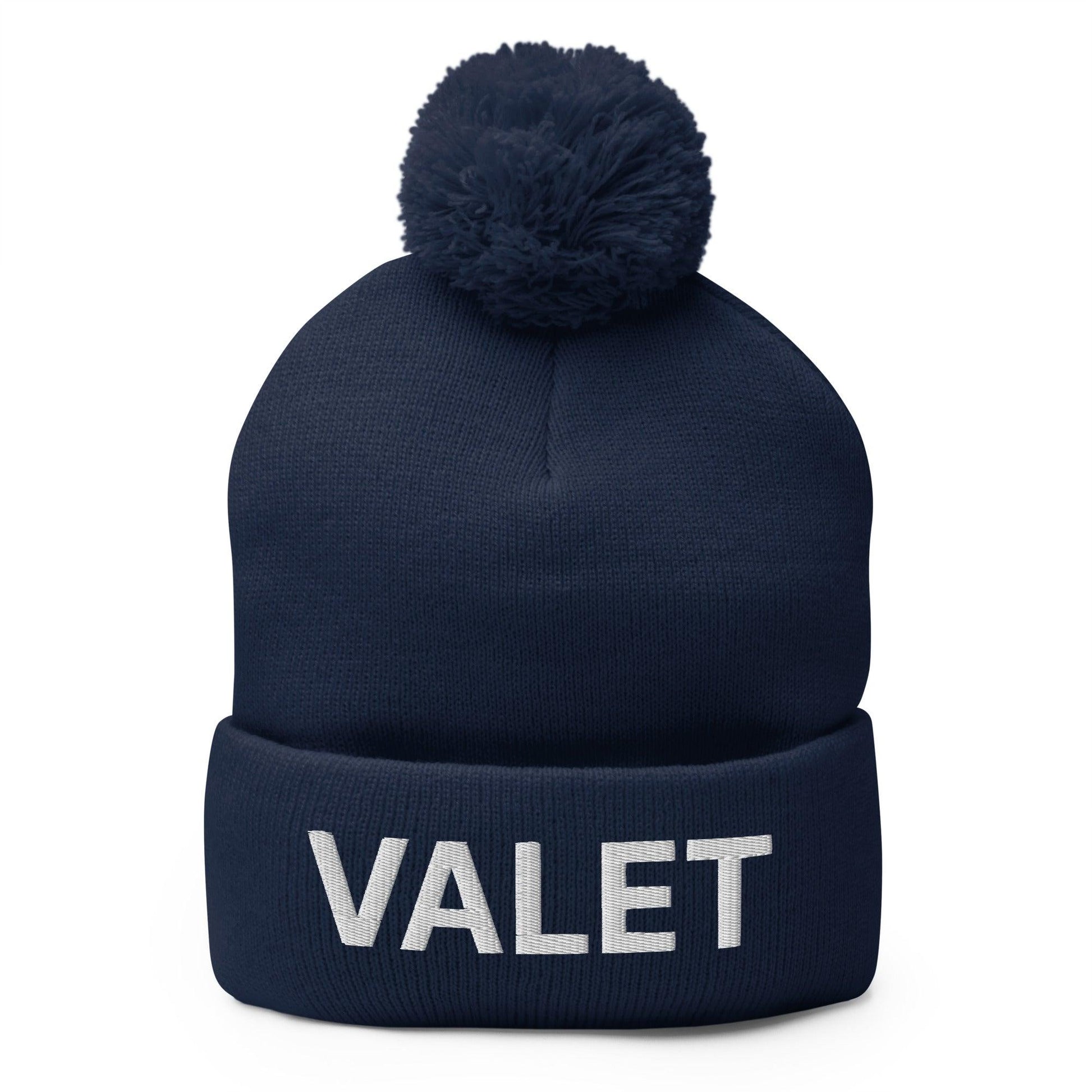 Navy blue Valet Uniform Embroidered Knit Pom Pom Beanie with pompom