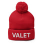 Red knit pom pom beanie with embroidered knit pom for Valet Uniform Embroidered collection
