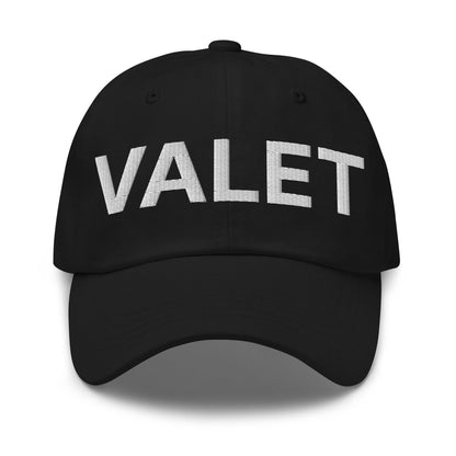 Black valet uniform work embroidered dad hat with VALET embroidery