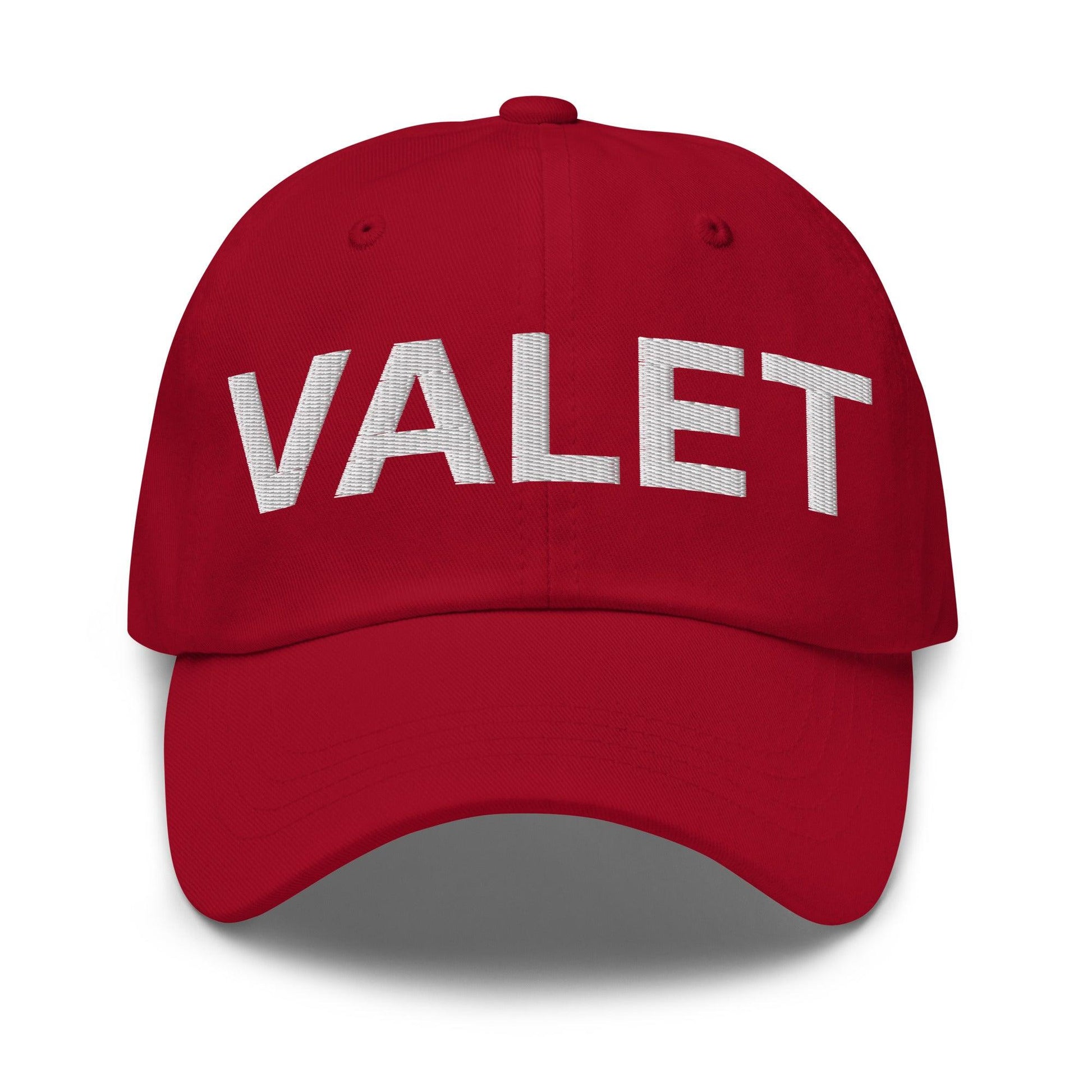 Red valet uniform work embroidered dad hat with VALET embroidery for professional attire