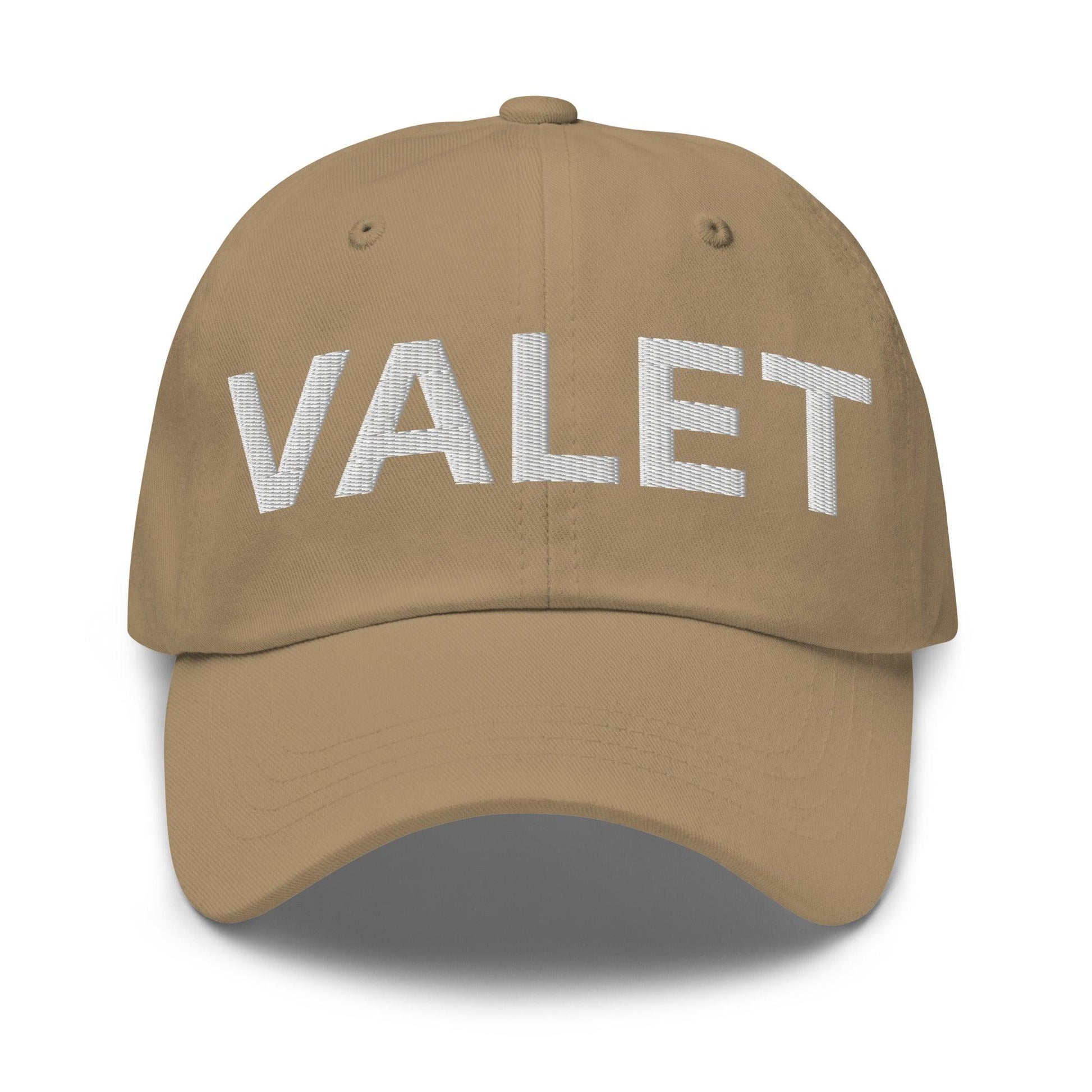 Khaki valet uniform work embroidered dad hat with VALET in white letters